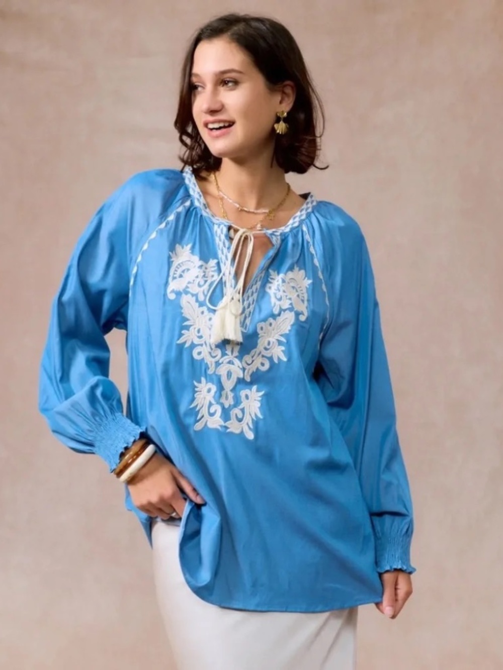 NWT ❤️ PARIS FRANCE Boho Denim Blue Embroidered Tassel Peasant Blouse Top S